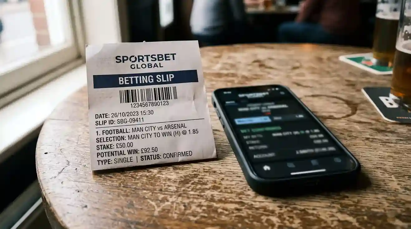 Boleta de apuesta deportiva impresa sobre una mesa junto a un móvil con la app del operador