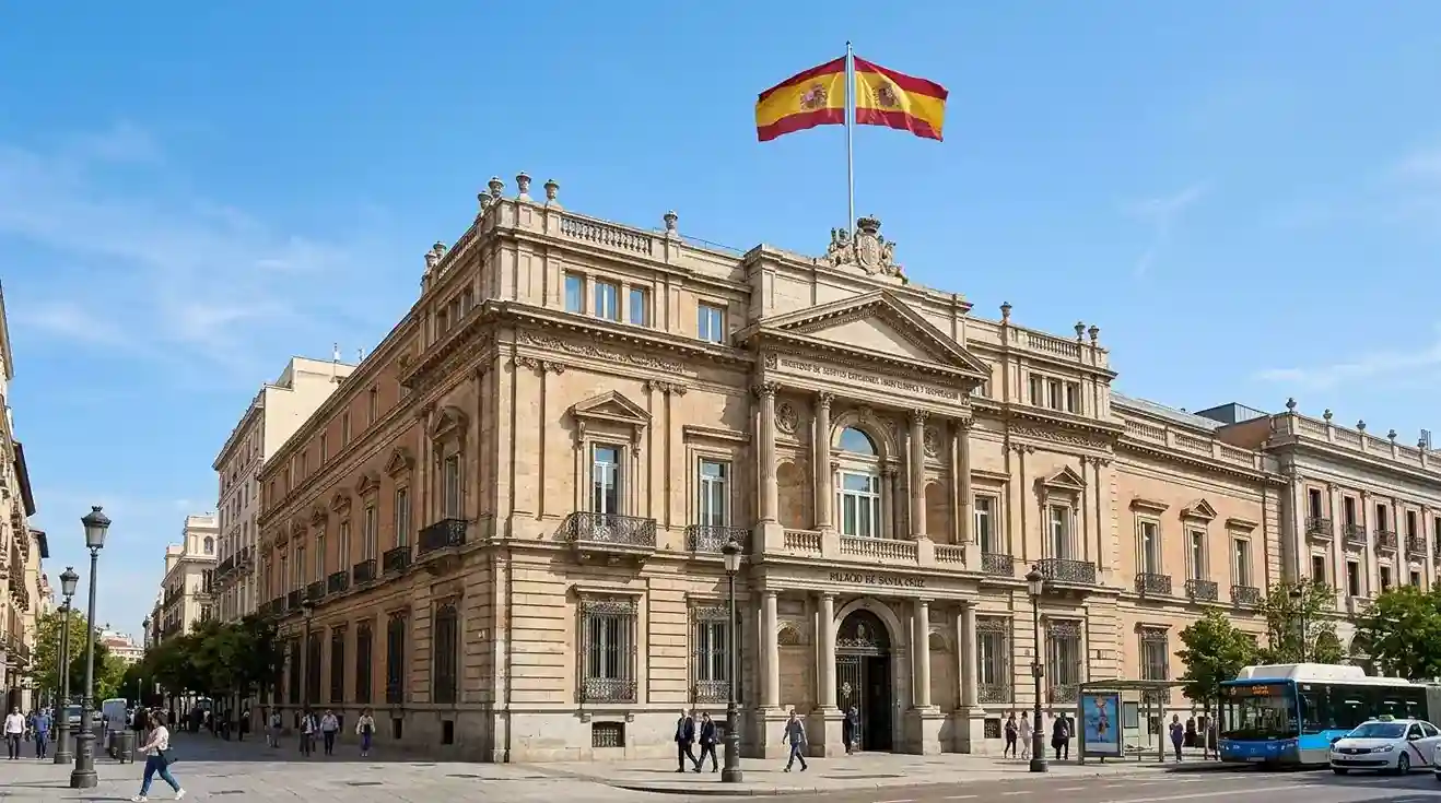 Edificio oficial español con bandera nacional visto desde abajo en un día soleado