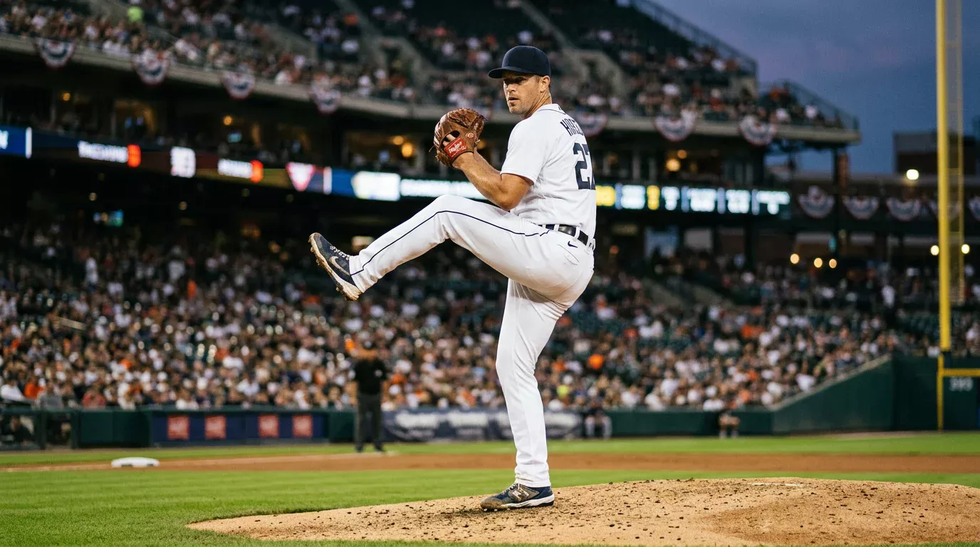 Lanzador abridor de béisbol profesional sobre el montículo a punto de soltar la pelota con el guante delante del cuerpo y el estadio iluminado detrás
