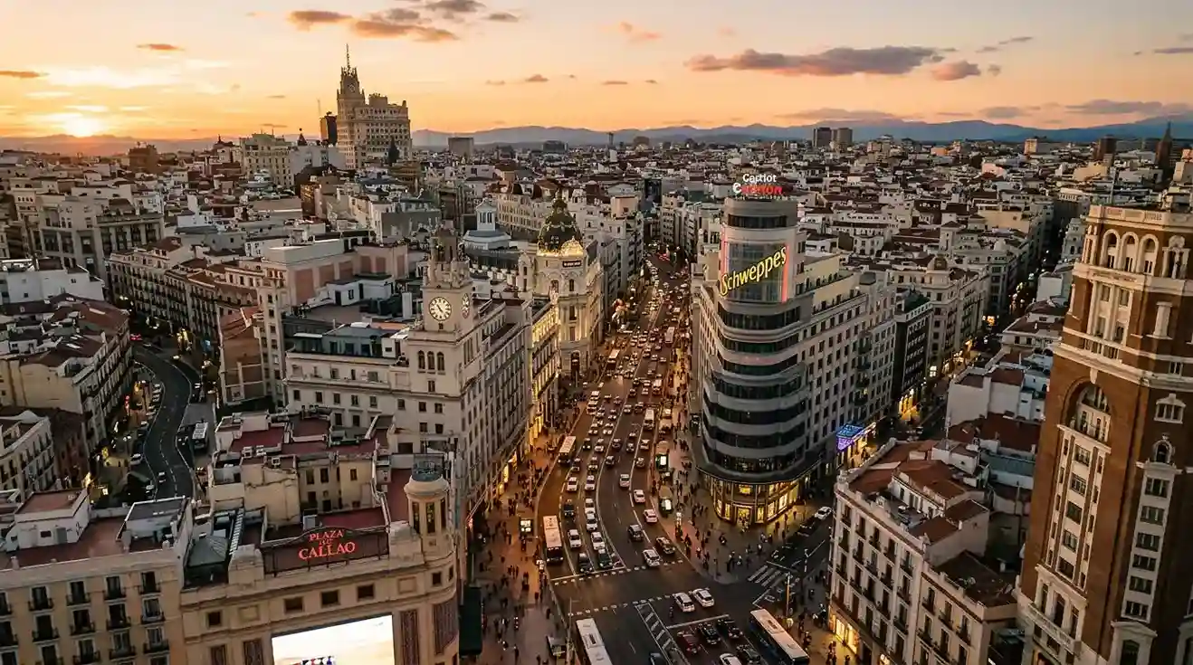 Vista aérea del centro de Madrid con la Gran Vía y edificios comerciales al atardecer