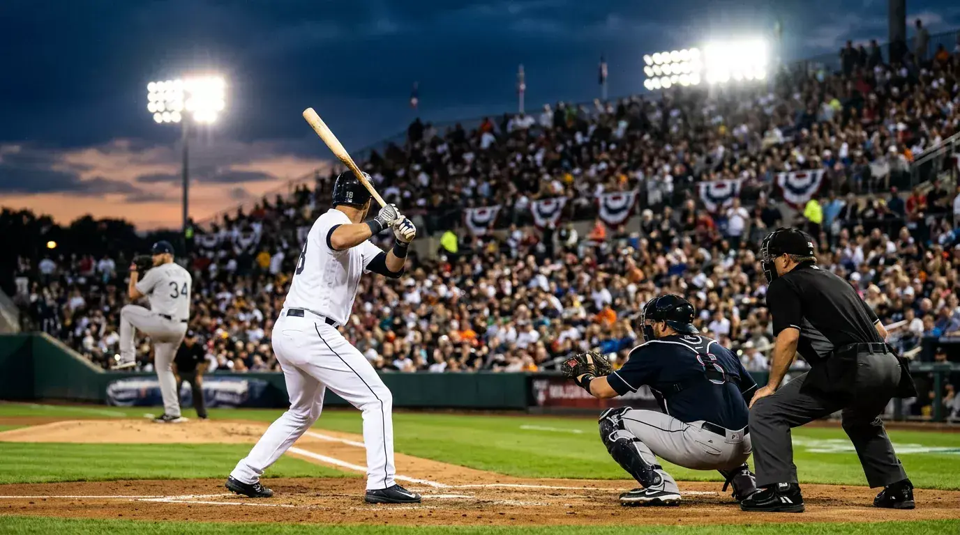Estadio de béisbol lleno durante un partido nocturno de la Serie Mundial 2025 con bateador zurdo al bate y lanzador en el montículo