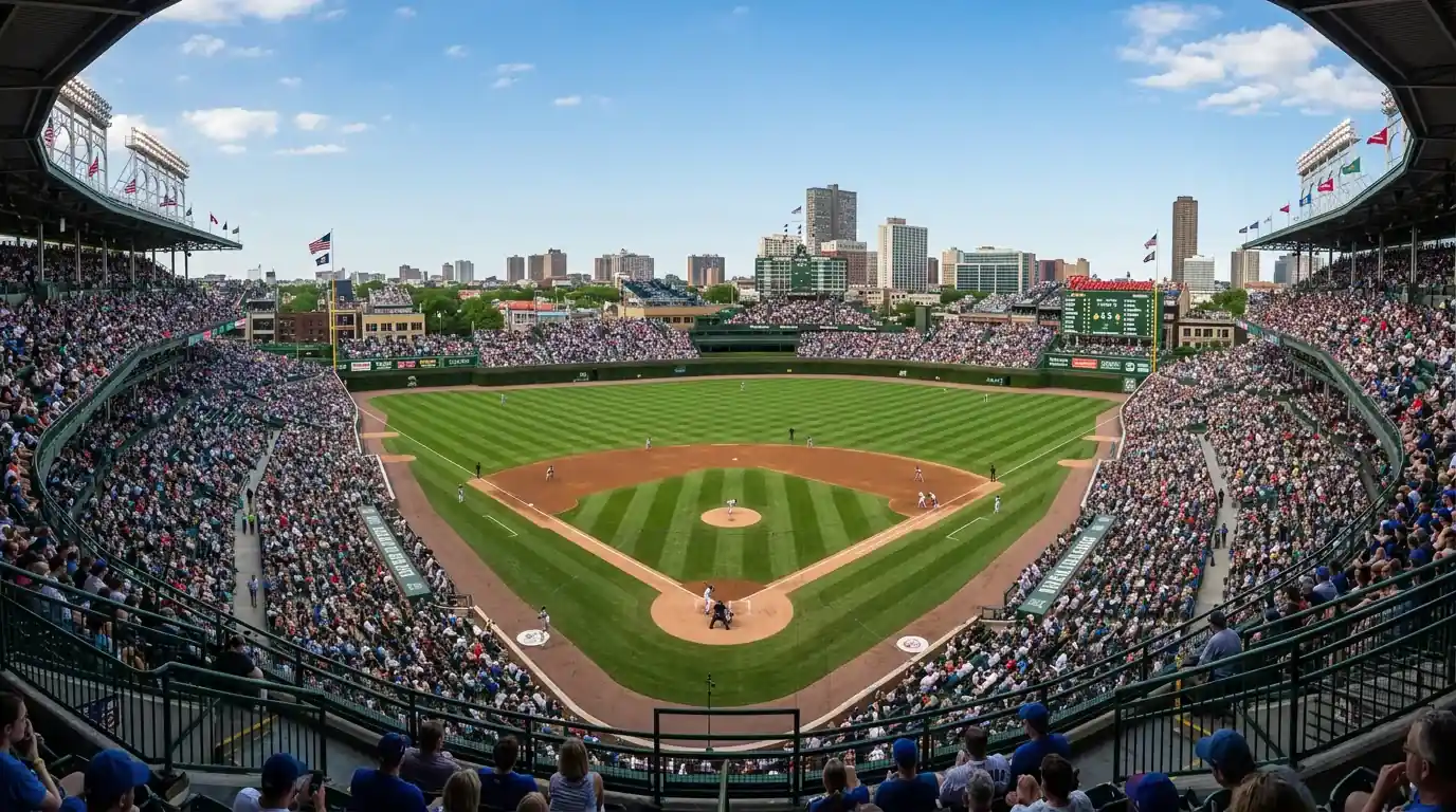 Vista panorámica de un estadio de béisbol clásico desde las gradas con el diamante iluminado, cielo despejado y banderas ondeando por el viento