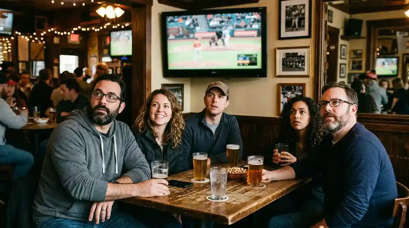Grupo de aficionados al béisbol mirando un partido en un bar con televisión durante la noche