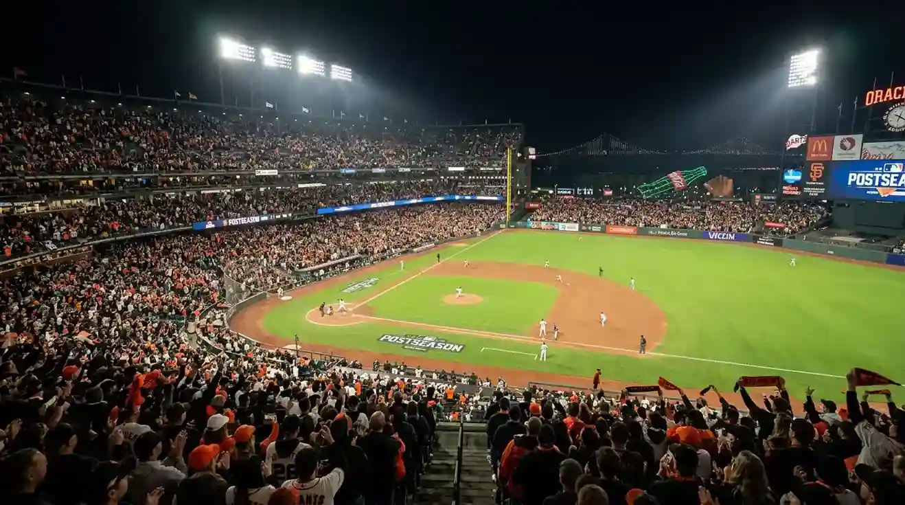 Estadio de MLB iluminado de noche durante un partido de postemporada con lleno total