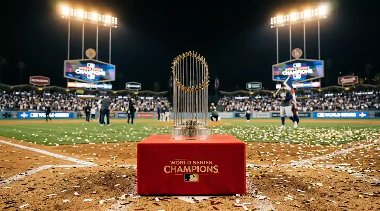 Trofeo de la World Series de MLB sobre base roja en un estadio iluminado por la noche